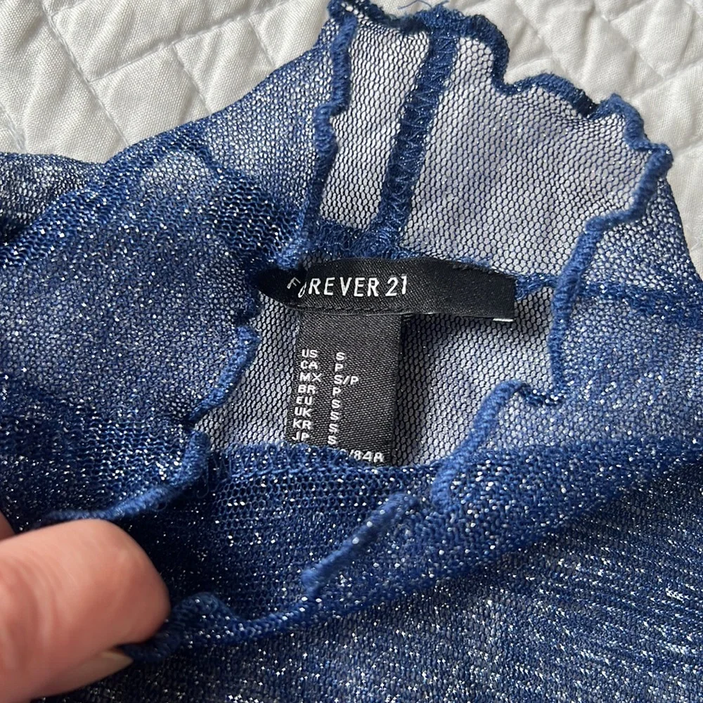 Sheer blue metallic long sleeve shirt with fancy edge collar. - Picture 2 of 4